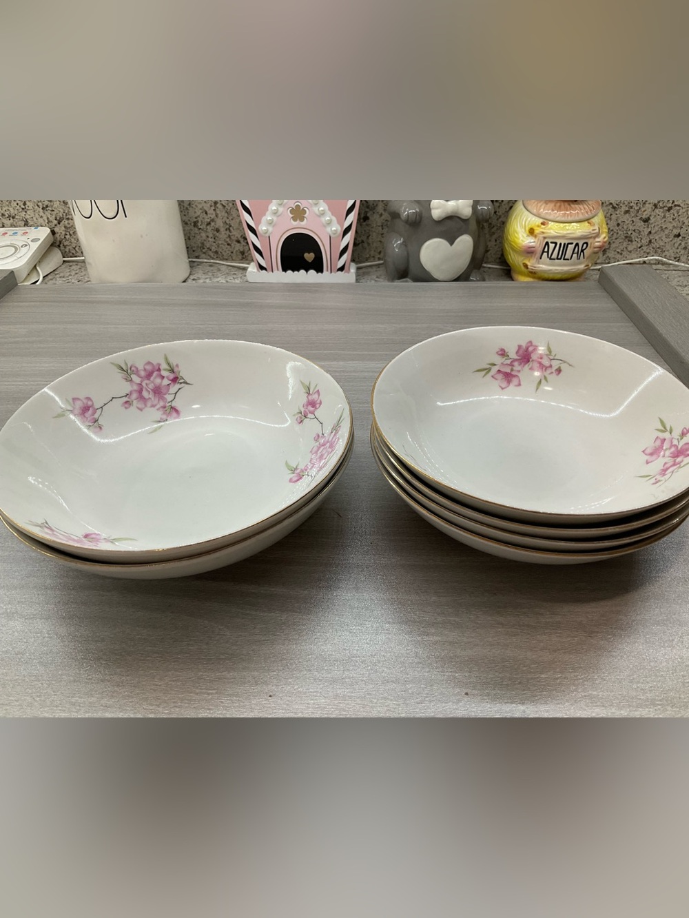 VINTAGE SIX MADE IN CHINA CHERRY BLOSSOM GOLD RIM BOWLS